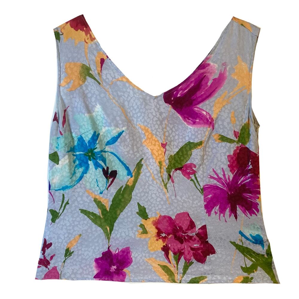 ESCADA Blouse 42/M Multicolor Silk Floral Sleeveless V-Neck Swiss-Dot Side-Zip